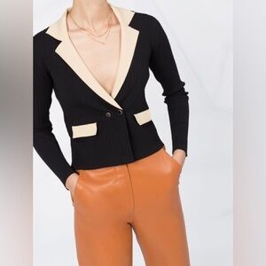 Sandro Black Ribbed Cardigan with Cream Trim
